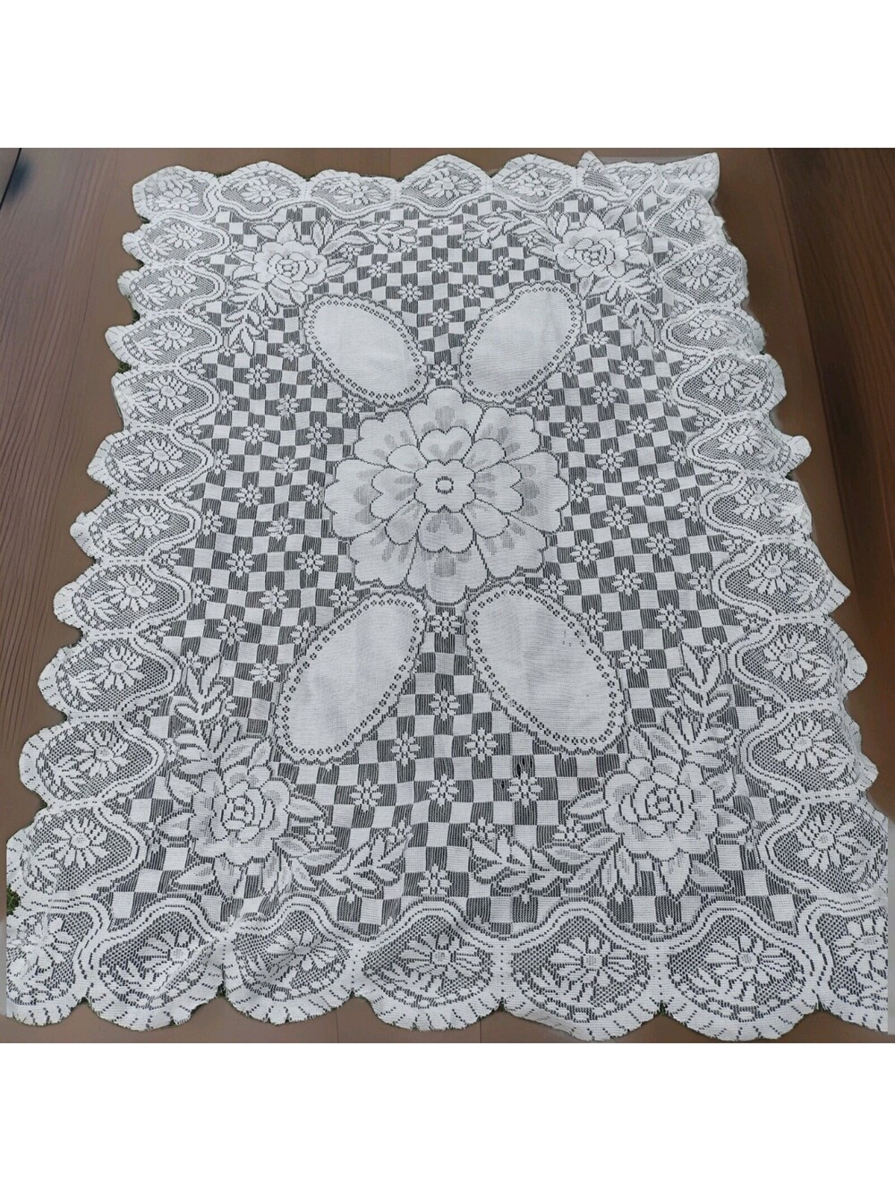 Vintage Off White Lace Tablecloth 56x68 Floral Scalloped Filet Style Cottagecore